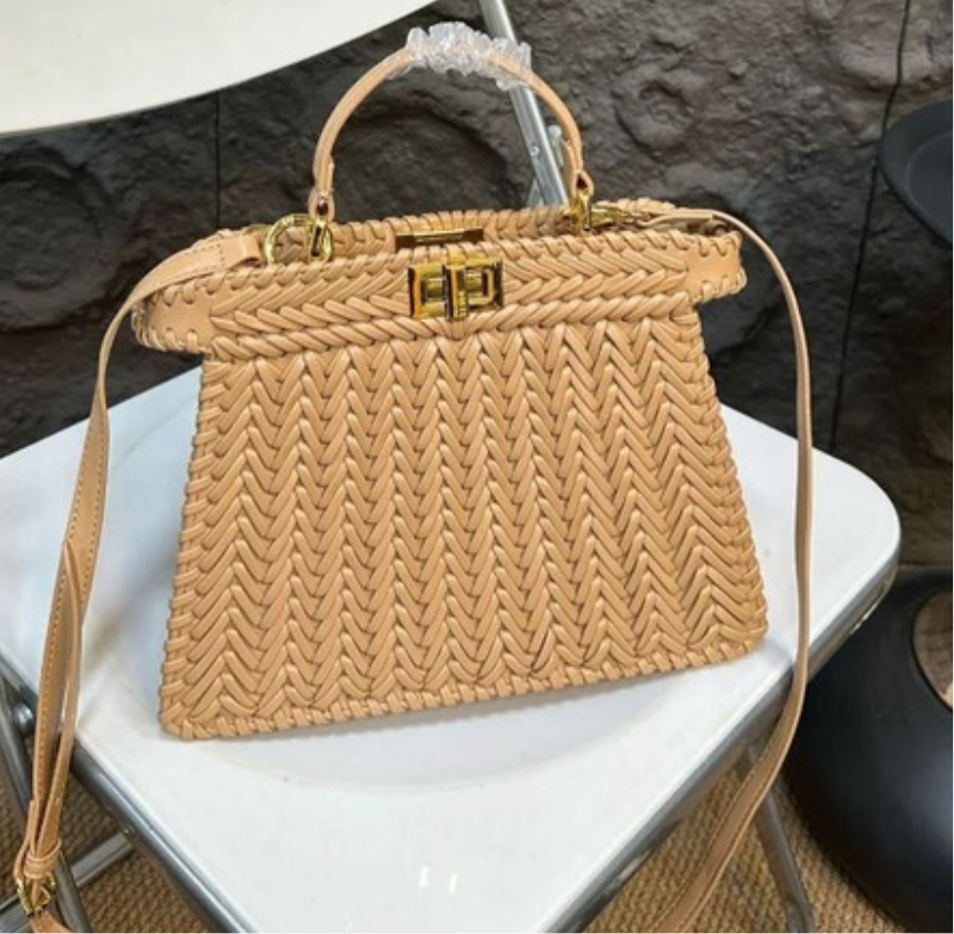 Large braided beige peekaboo bag