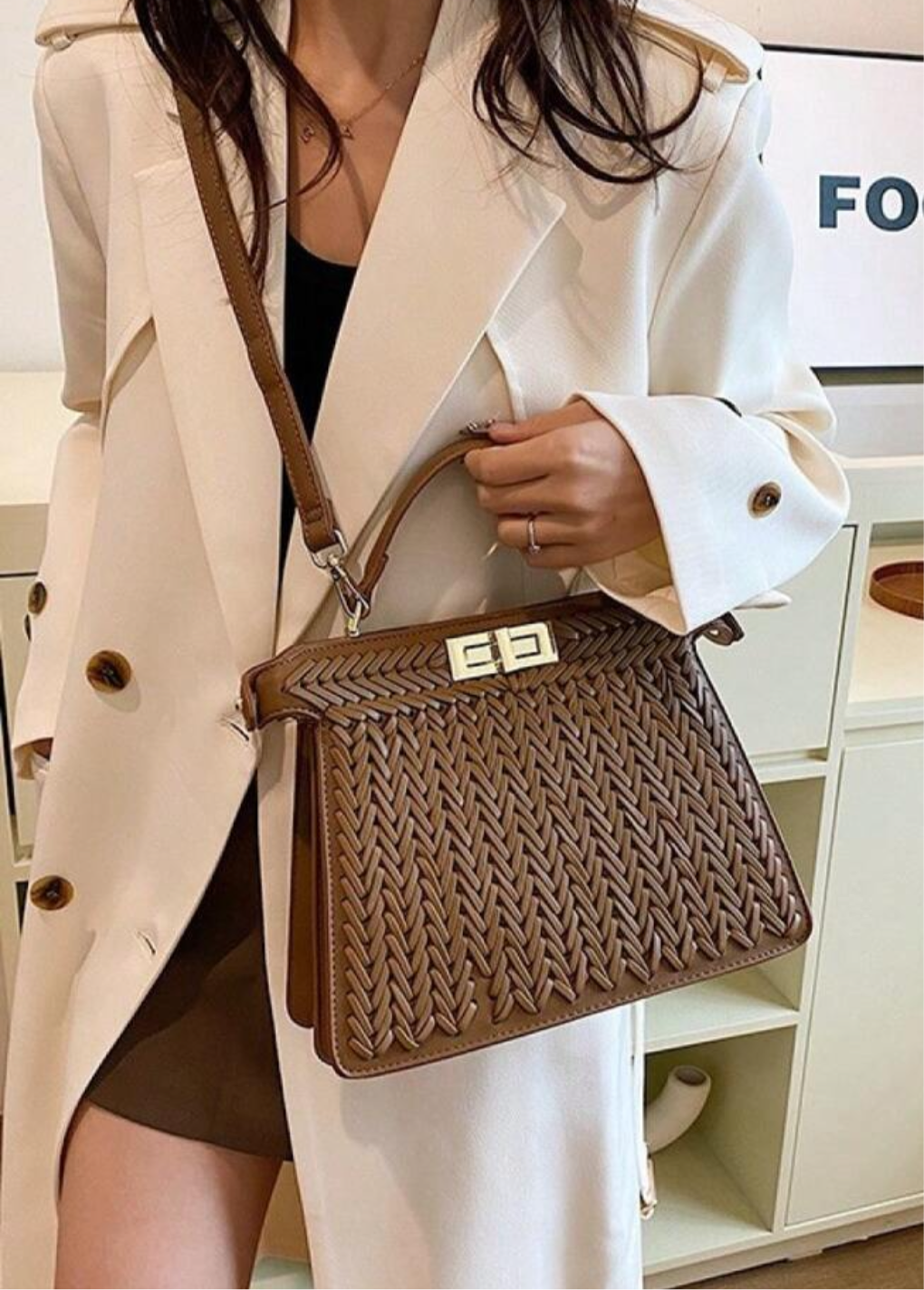 Large Brown braided peekaboo bag