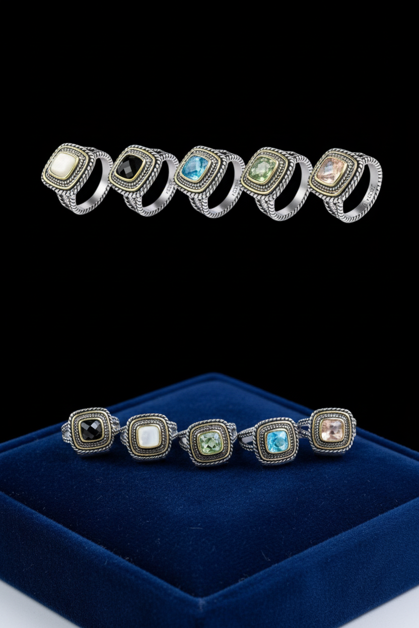 Square Sterling Silver gem stone earrings & rings with rhinestones and twisted cable style bands