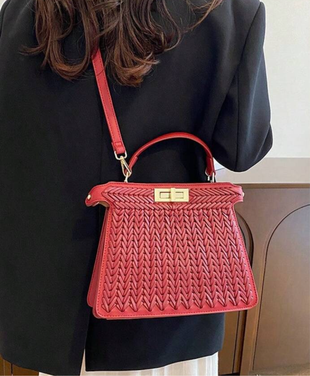 Large red leather braided peekaboo bag