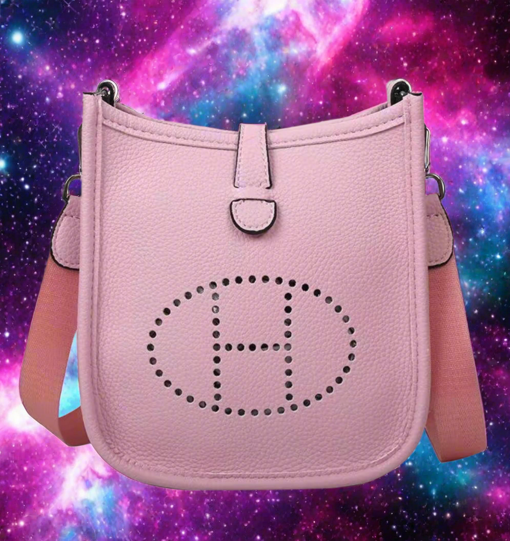 Leather crossbody with hole poke H logo.