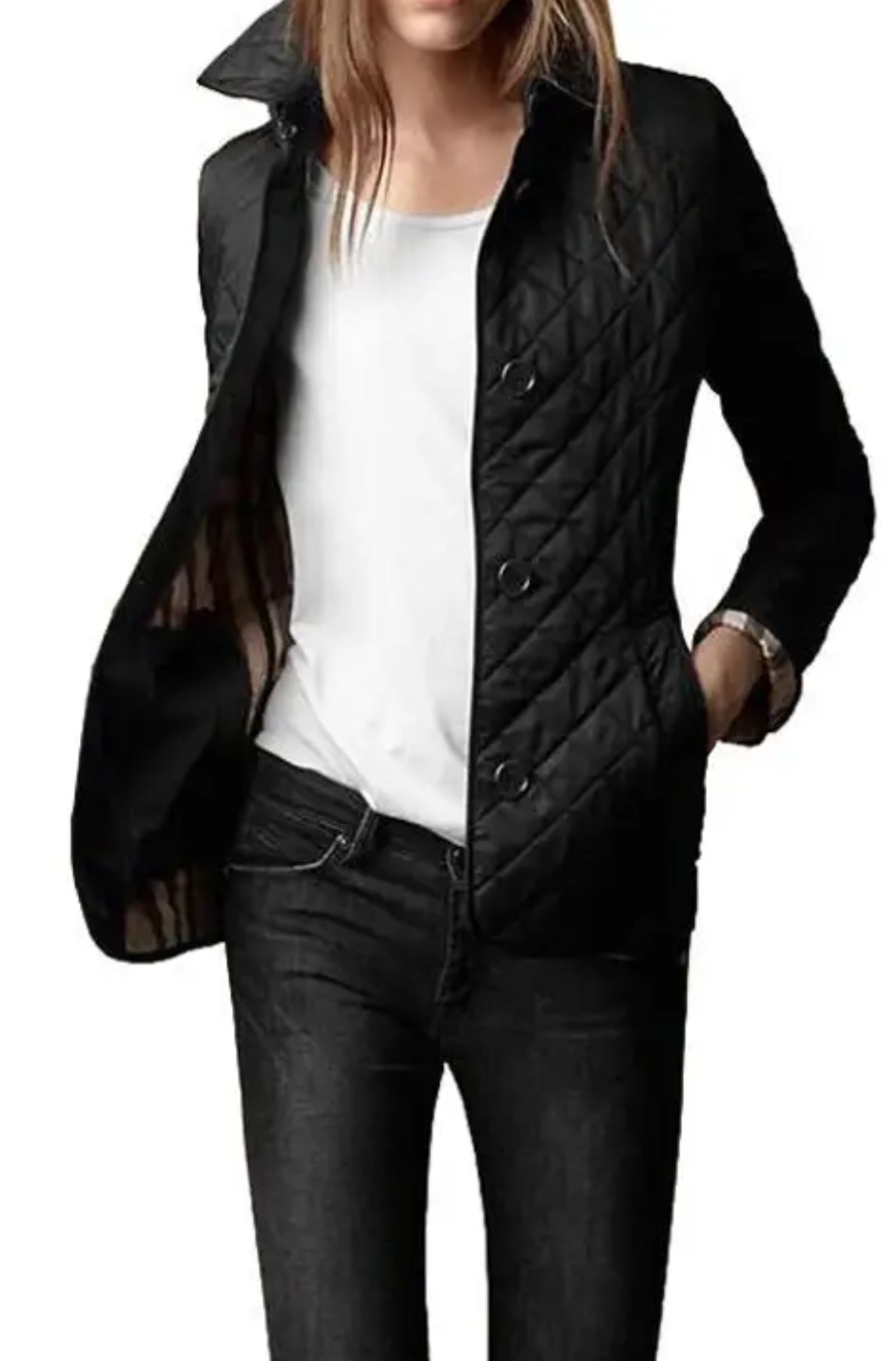 NEW!!! Light weight black quilted jacket with beige plaid Lining (on sale!)