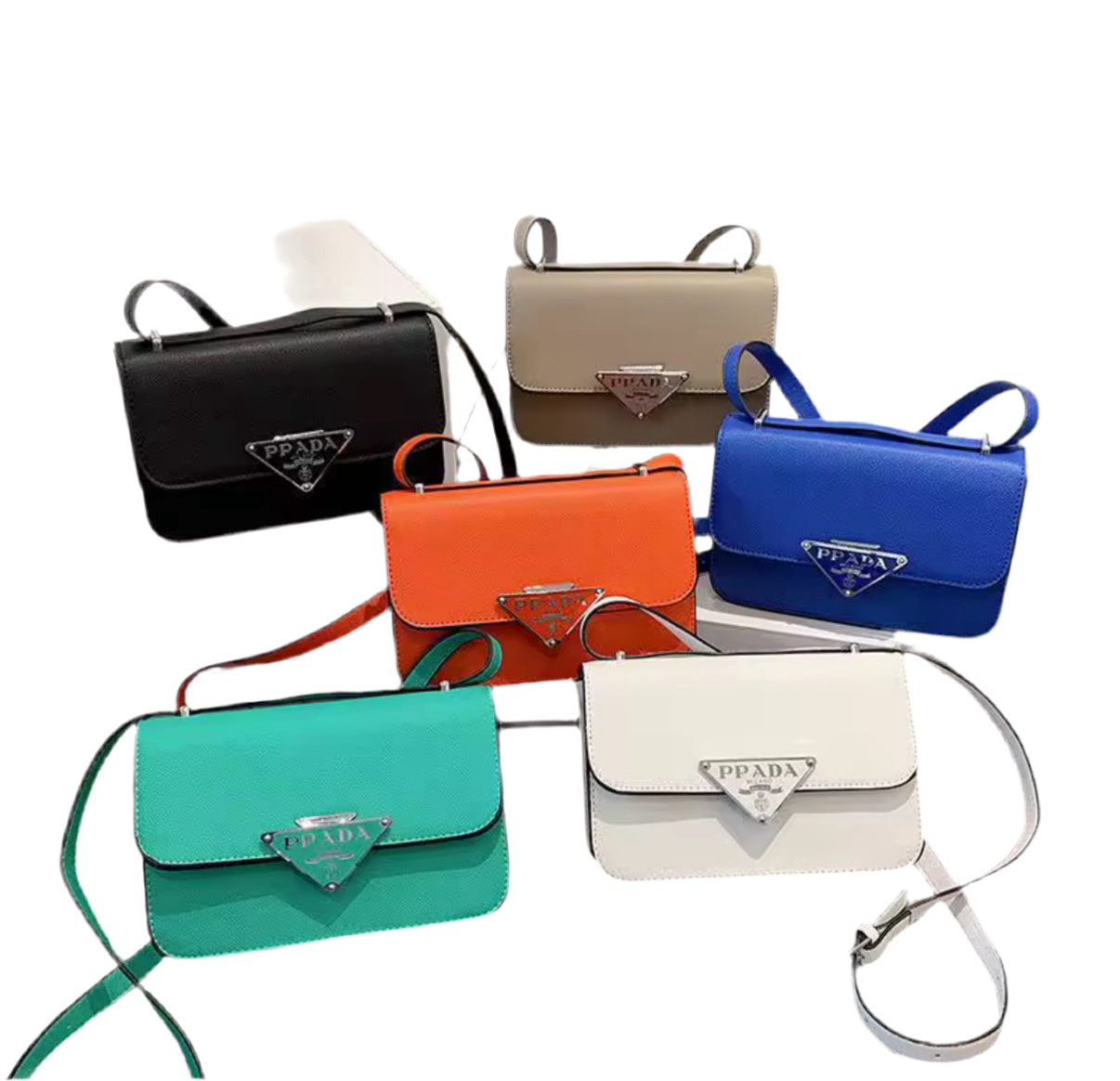 Small colorful crossbody flap bags with triangle logo snap closure