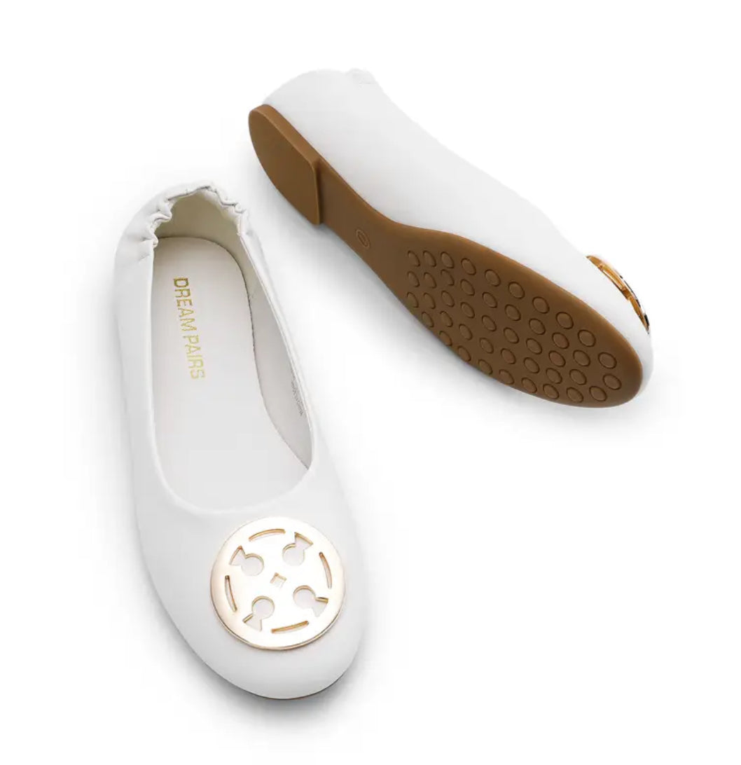 Vegan Leather Flats with metal T logo