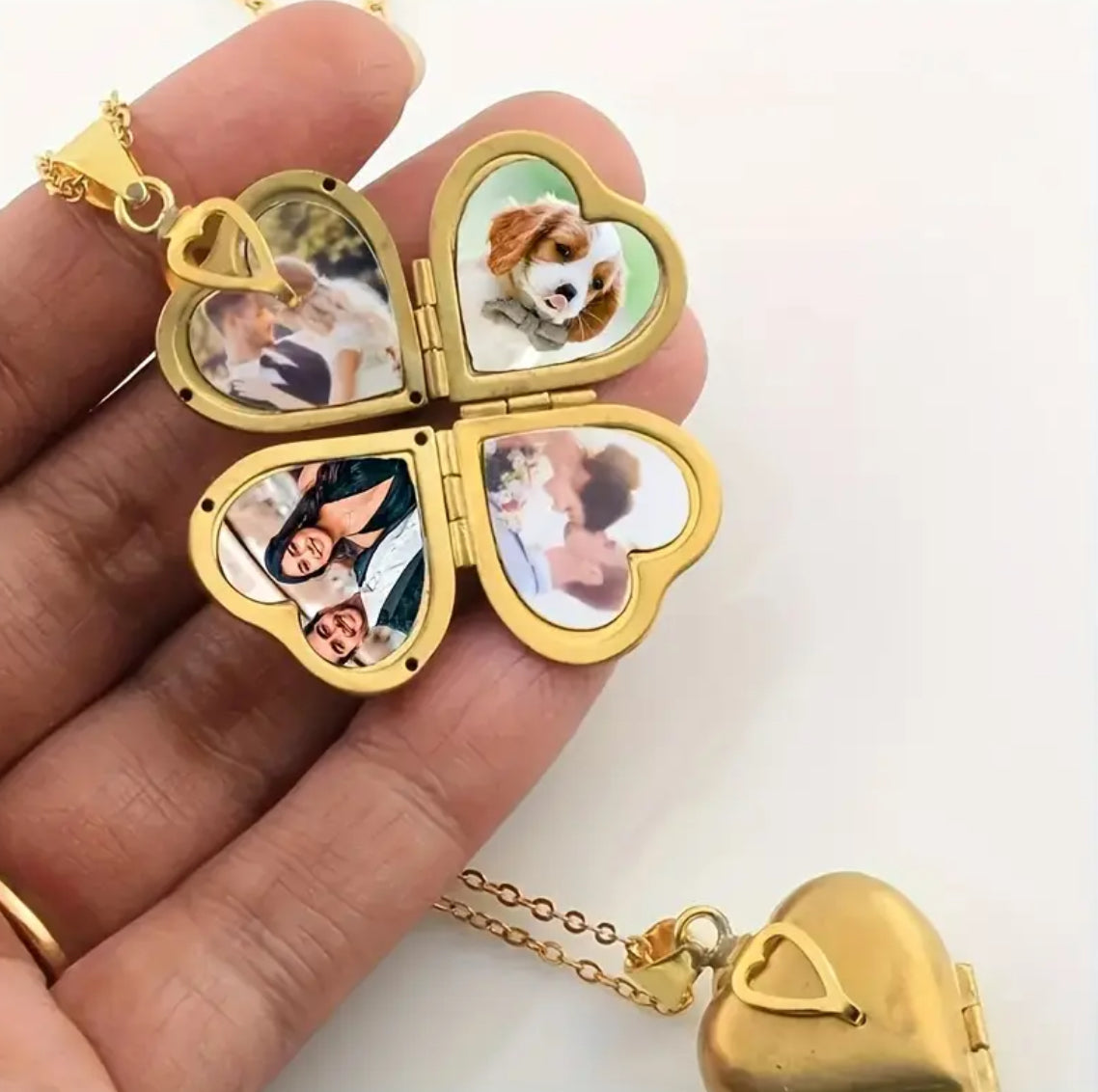 Personalized golden heart locket necklace with 4 photos inside!