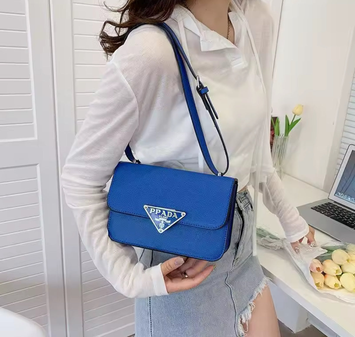 Small colorful crossbody flap bags with triangle logo snap closure