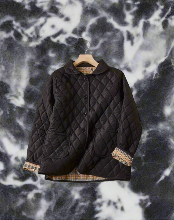 NEW!!!    Light weight black quilted jacket with beige plaid Lining (on sale!)