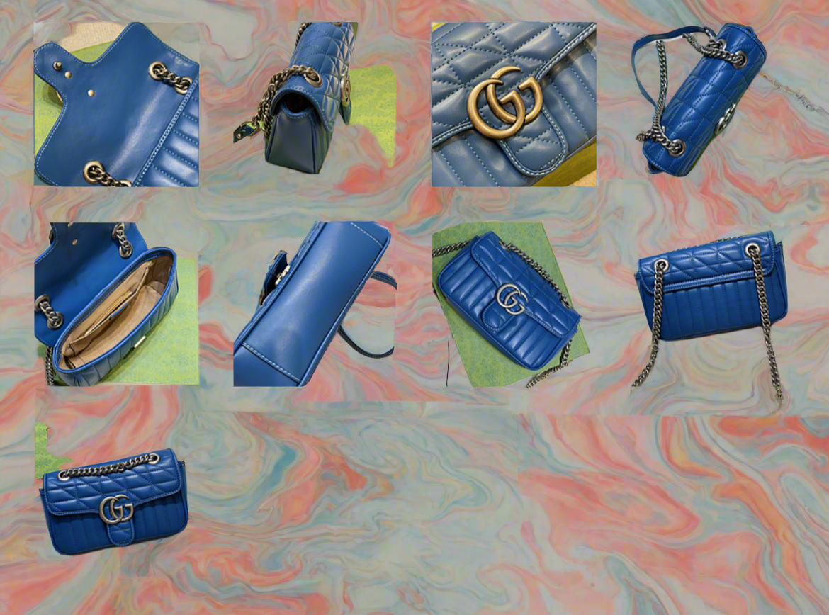 Collage of various views of the same blue handbag on a colorful abstract background