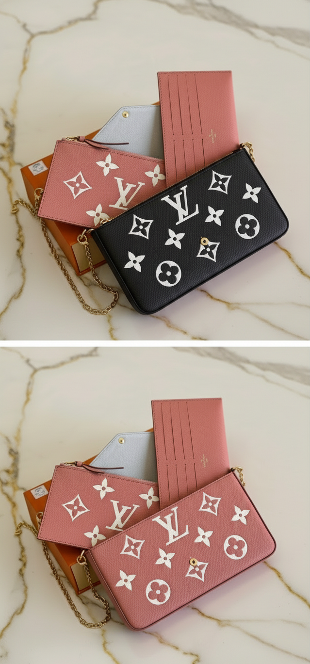 Small leather LV pouchette bag with chain and