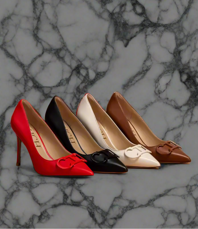 Leather, pointed toe, logo high heels