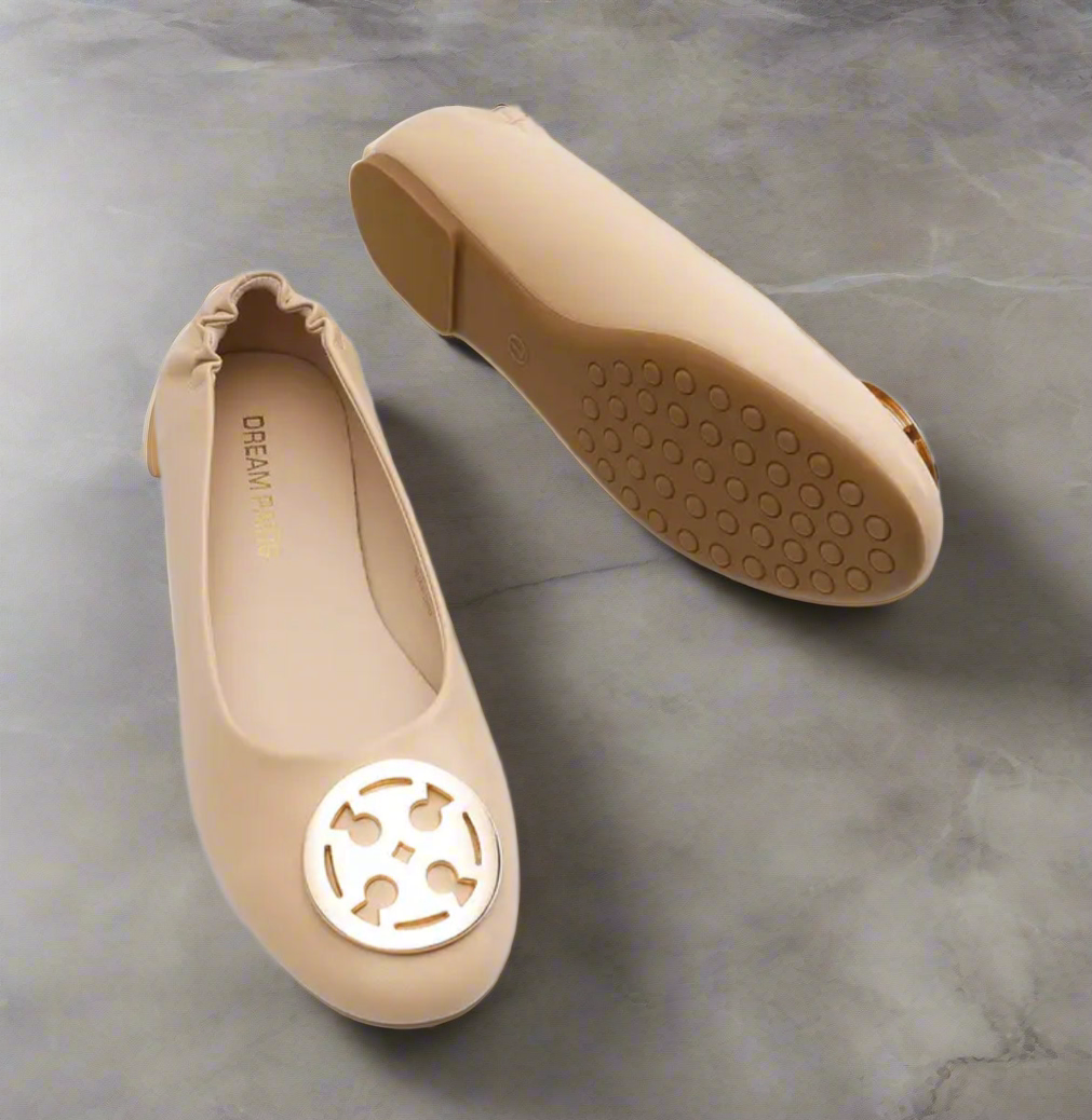 Vegan Leather Flats with metal T logo
