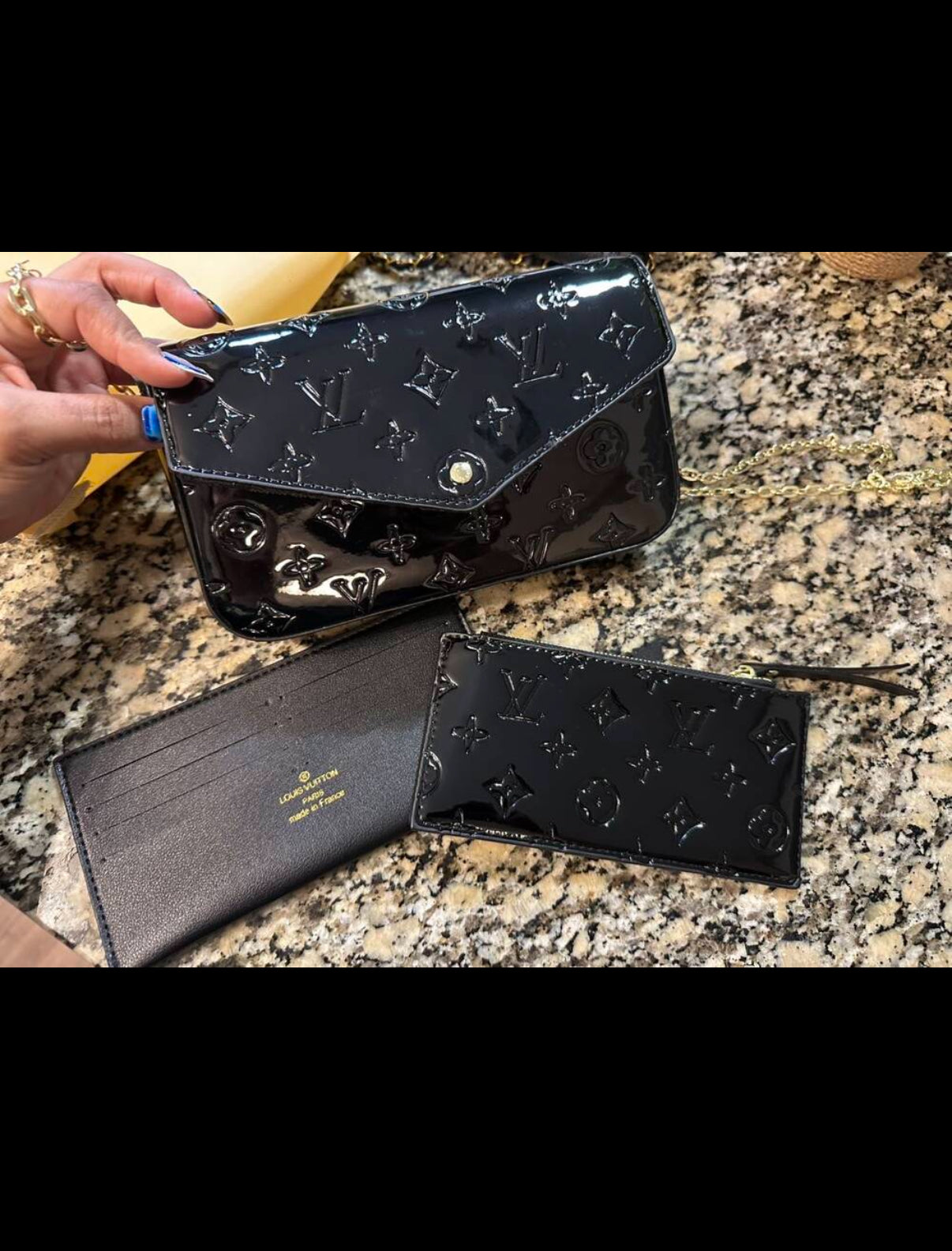 Small leather LV pouchette bag with chain and