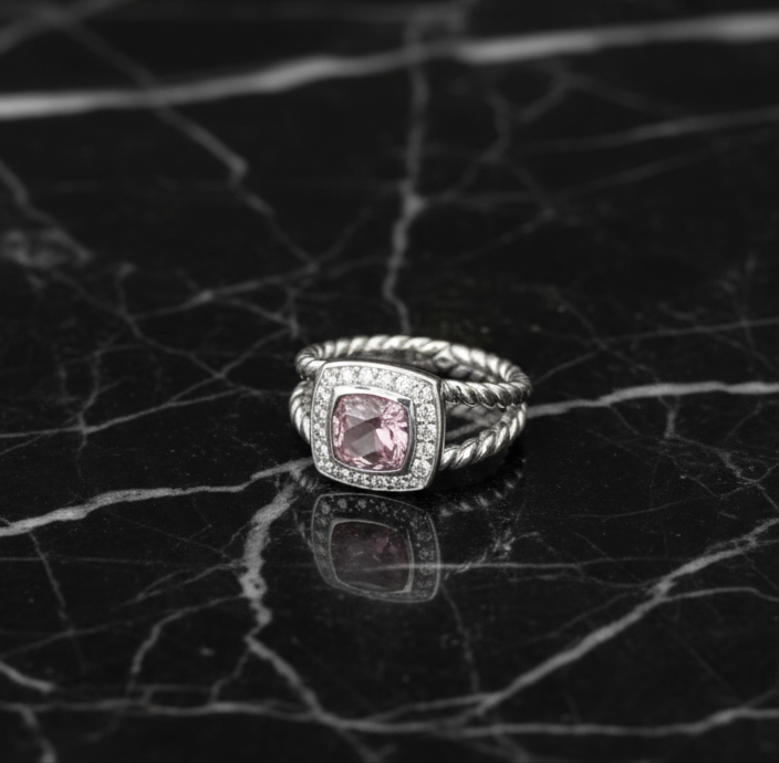 Square Sterling Silver gem stone earrings & rings with rhinestones and twisted cable style bands