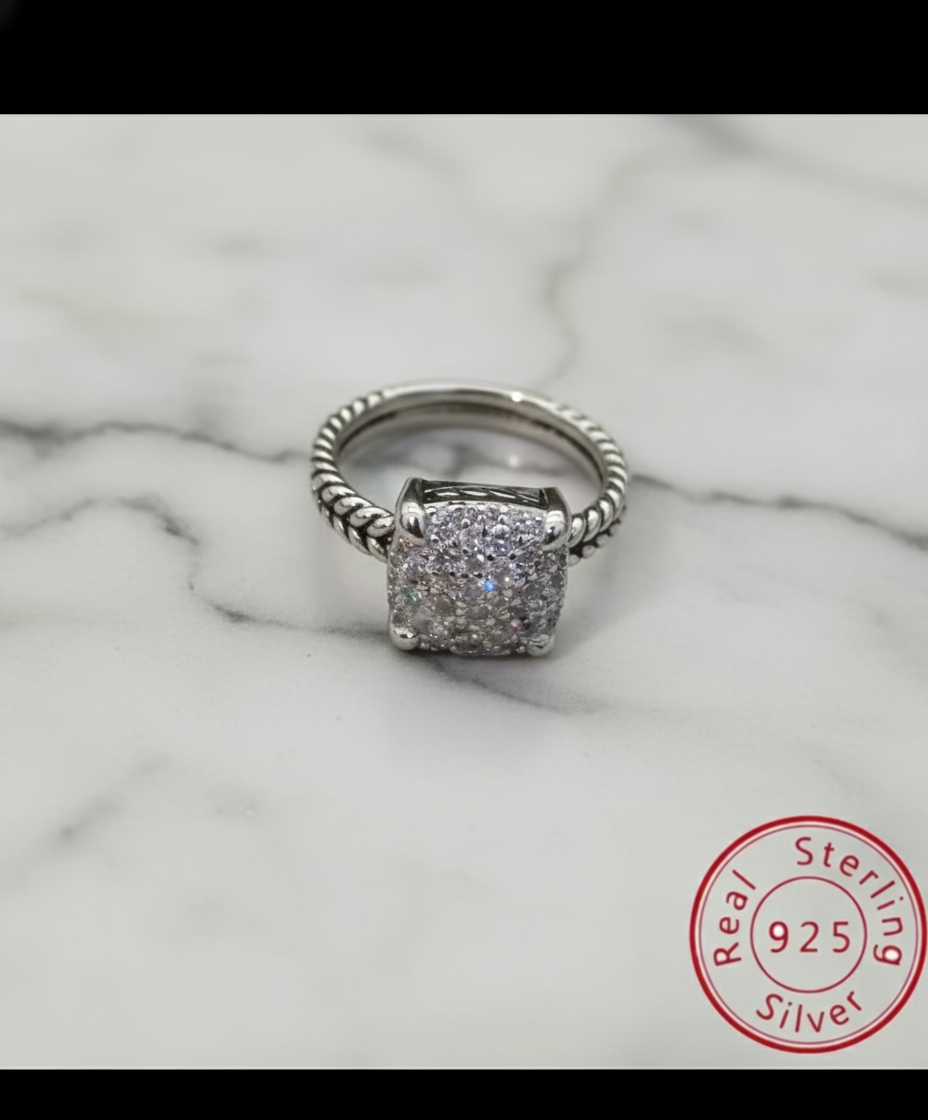 Square Sterling Silver gem stone earrings & rings with rhinestones and twisted cable style bands