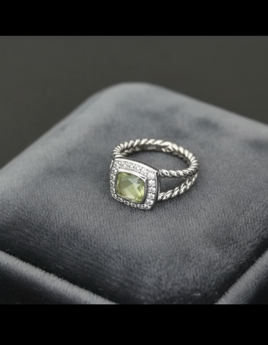 Square Sterling Silver gem stone earrings & rings with rhinestones and twisted cable style bands