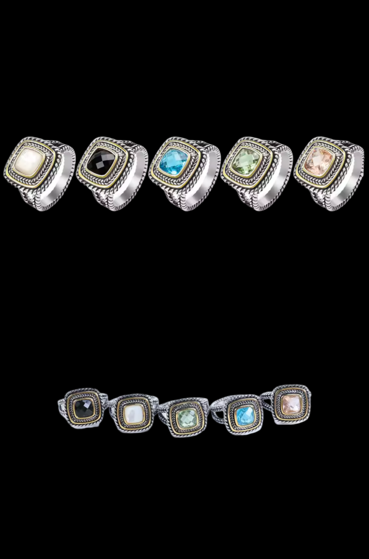 Set of silver rings with gemstones on a black background