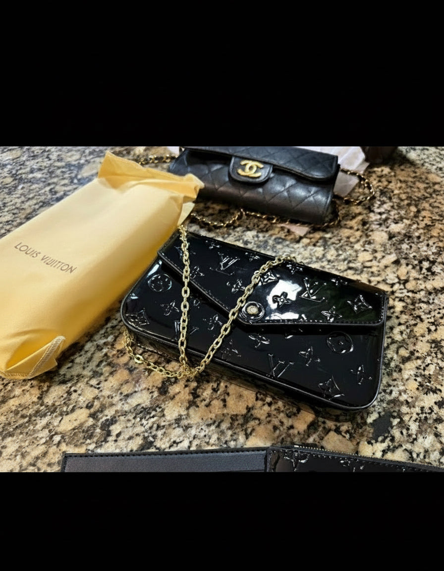 Small leather LV pouchette bag with chain and
