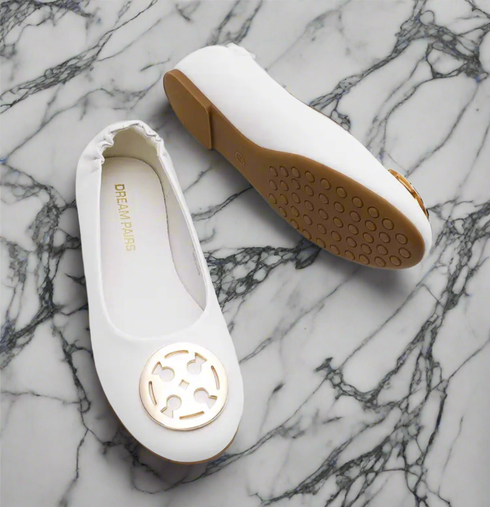 Vegan Leather Flats with metal T logo