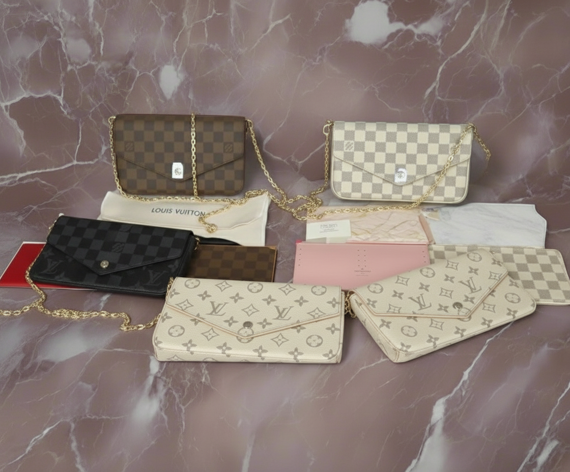 Small leather LV pouchette bag with chain and