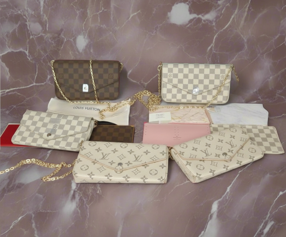 Small leather LV pouchette bag with chain and