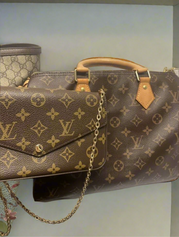 Small leather LV pouchette bag with chain and