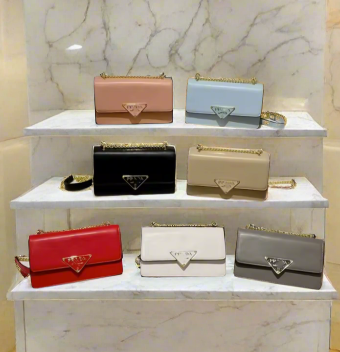 Small colorful crossbody flap bags with triangle logo snap closure