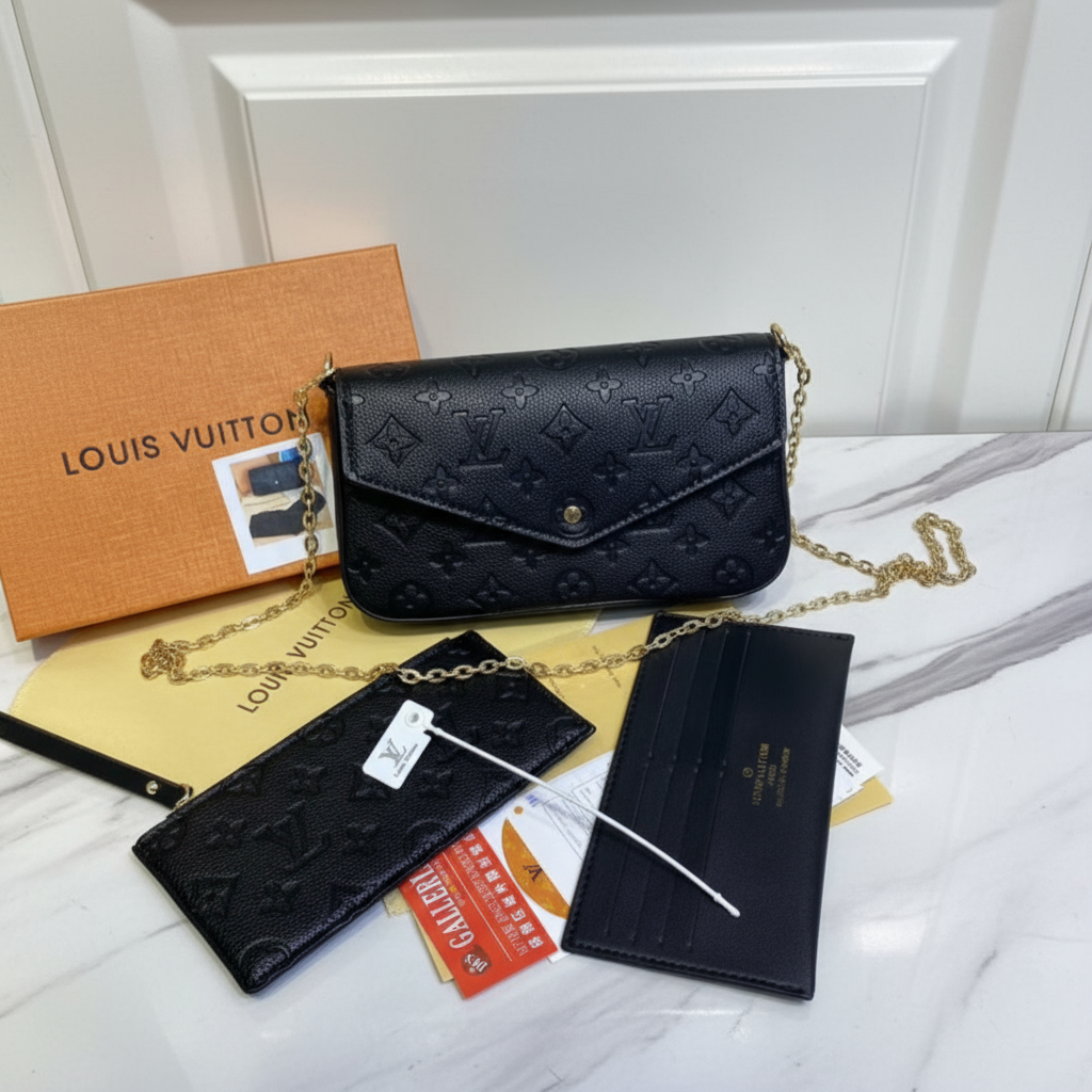 Small leather LV pouchette bag with chain and