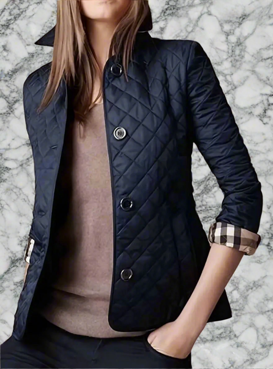 NEW!!!    Light weight black quilted jacket with beige plaid Lining (on sale!)