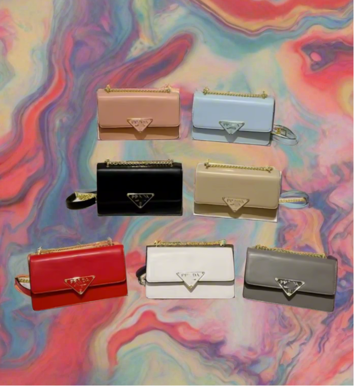 Small colorful crossbody flap bags with triangle logo snap closure