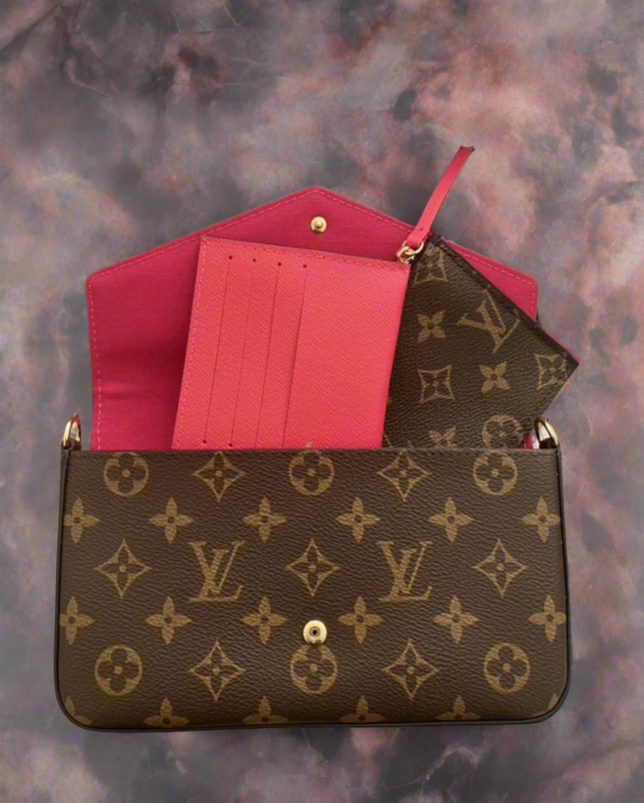 Small leather LV pouchette bag with chain and
