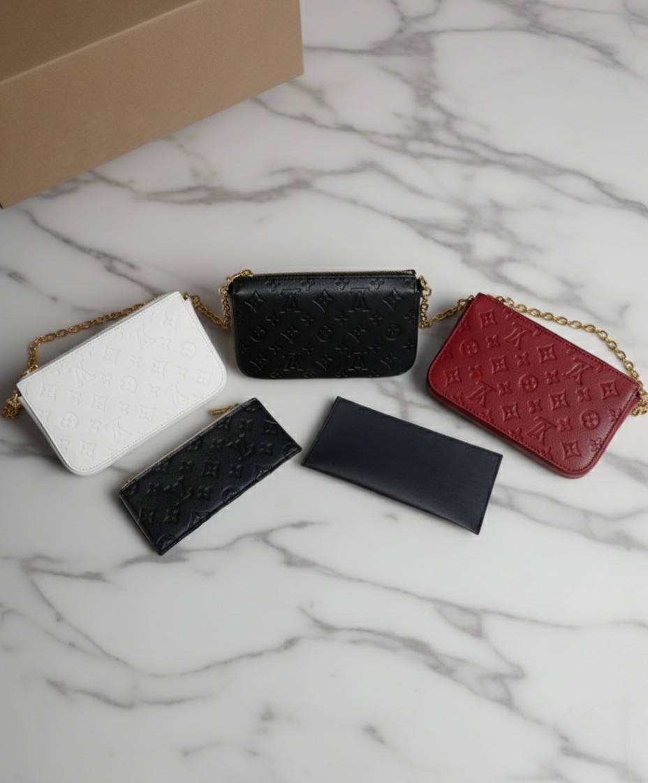 Small leather LV pouchette bag with chain and