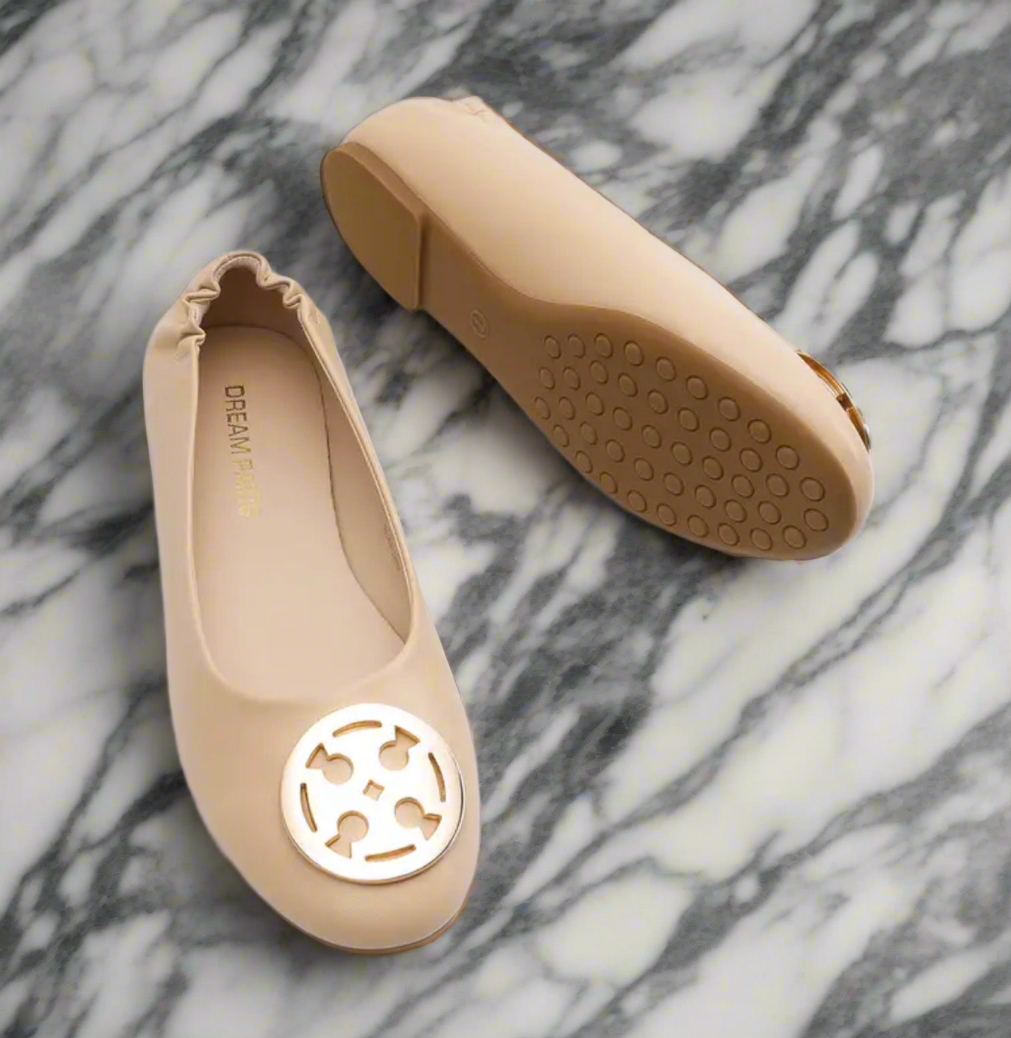 Vegan Leather Flats with metal T logo