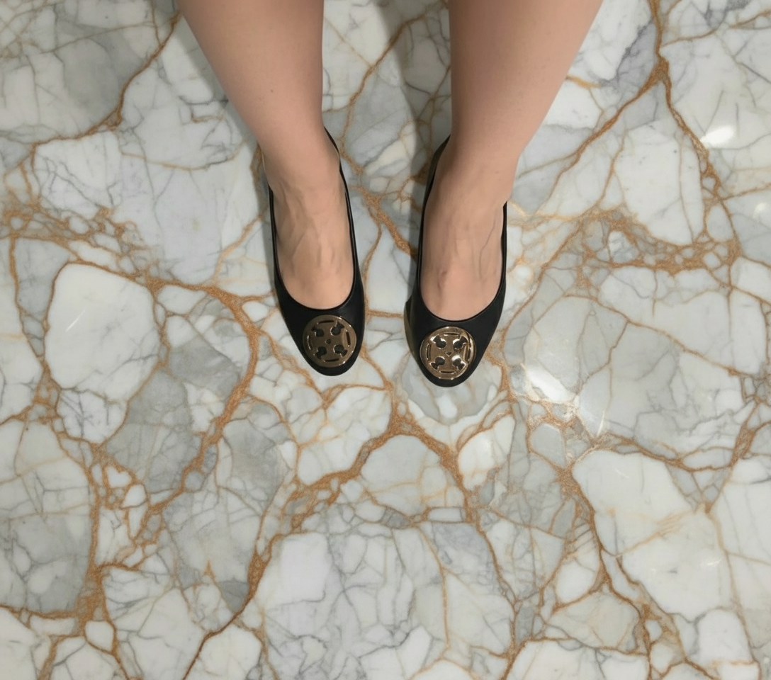 Vegan Leather Flats with metal T logo