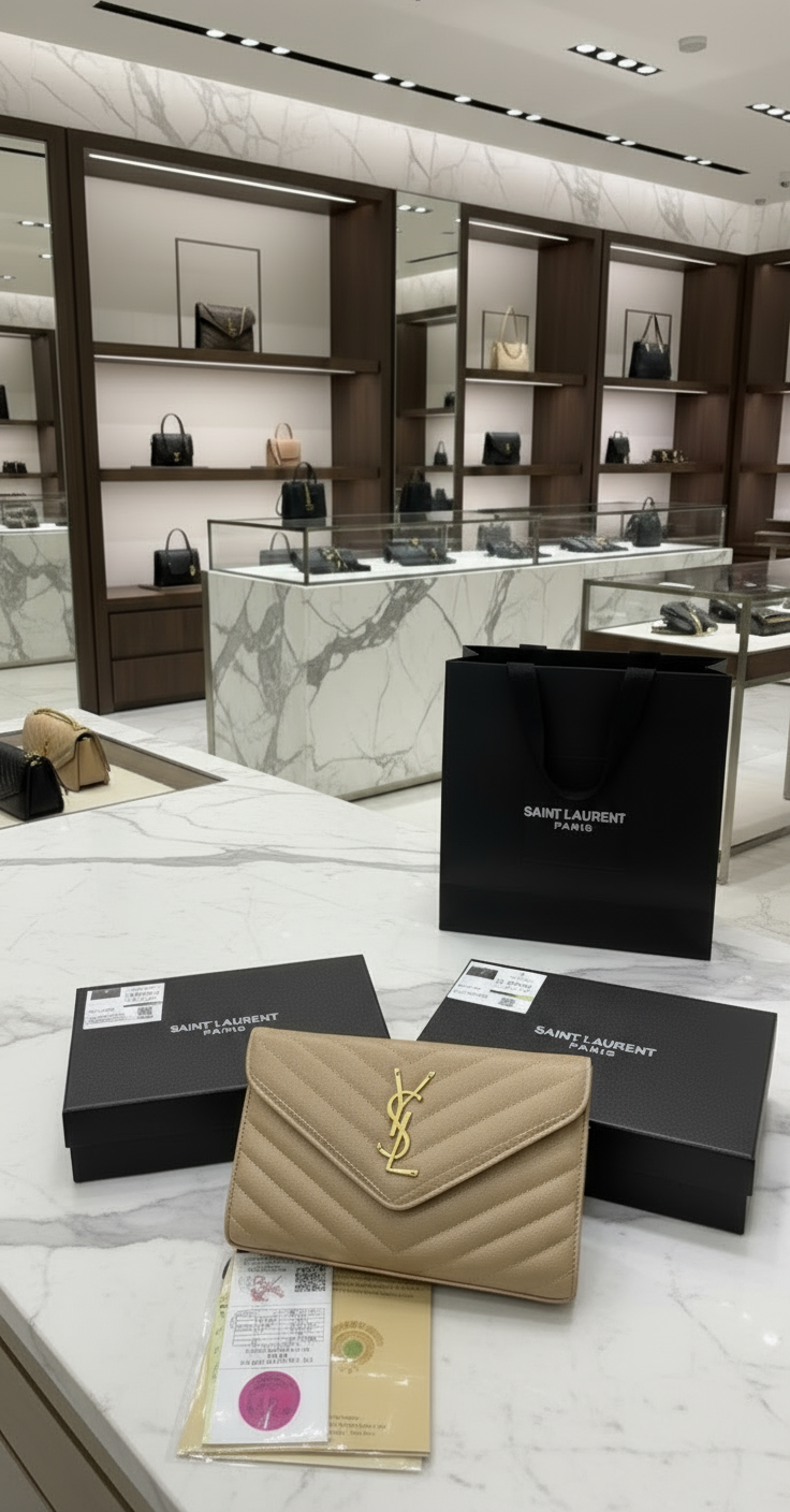 Beige handbag with gold chain on a checkered floor with YSL branding, black shopping bag, and boxes in the background.