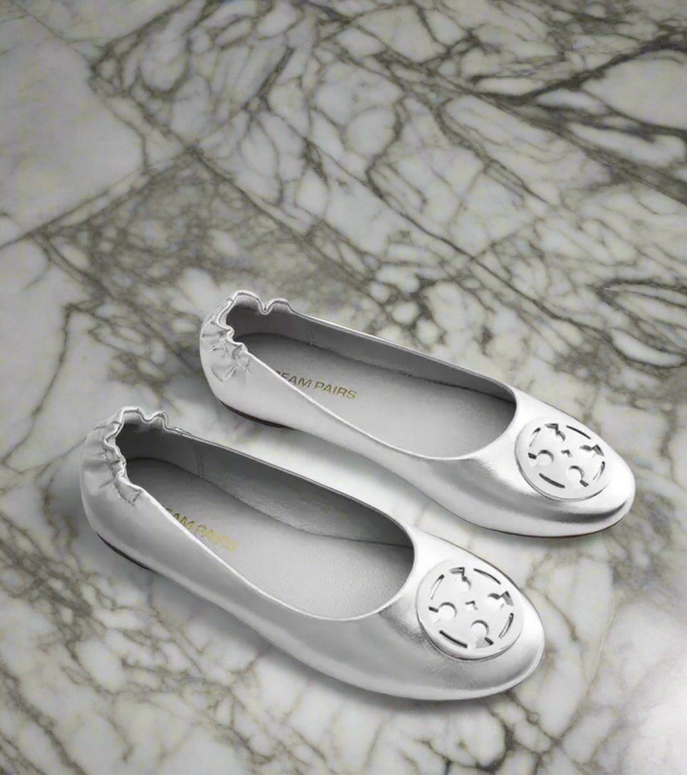 Vegan Leather Flats with metal T logo