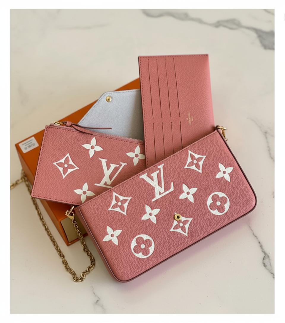 Pink wallet with brand logo and pattern on a white marble background