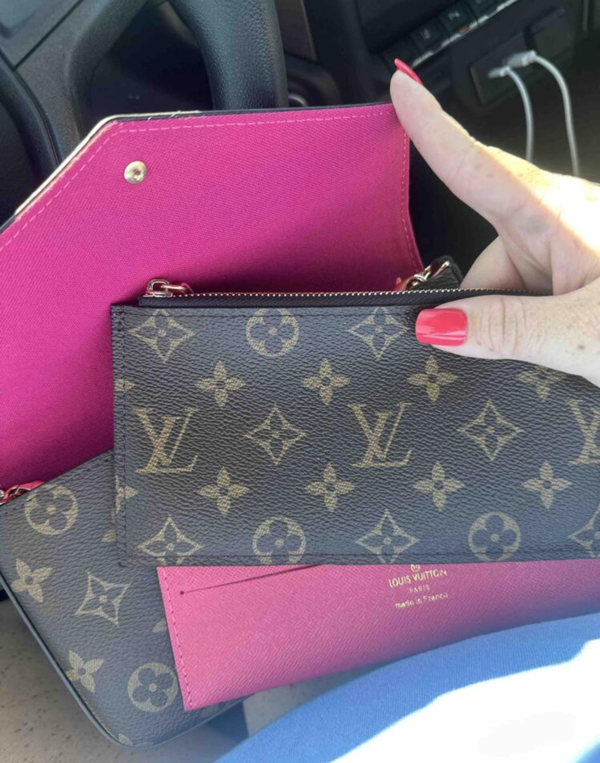 Small leather LV pouchette bag with chain and