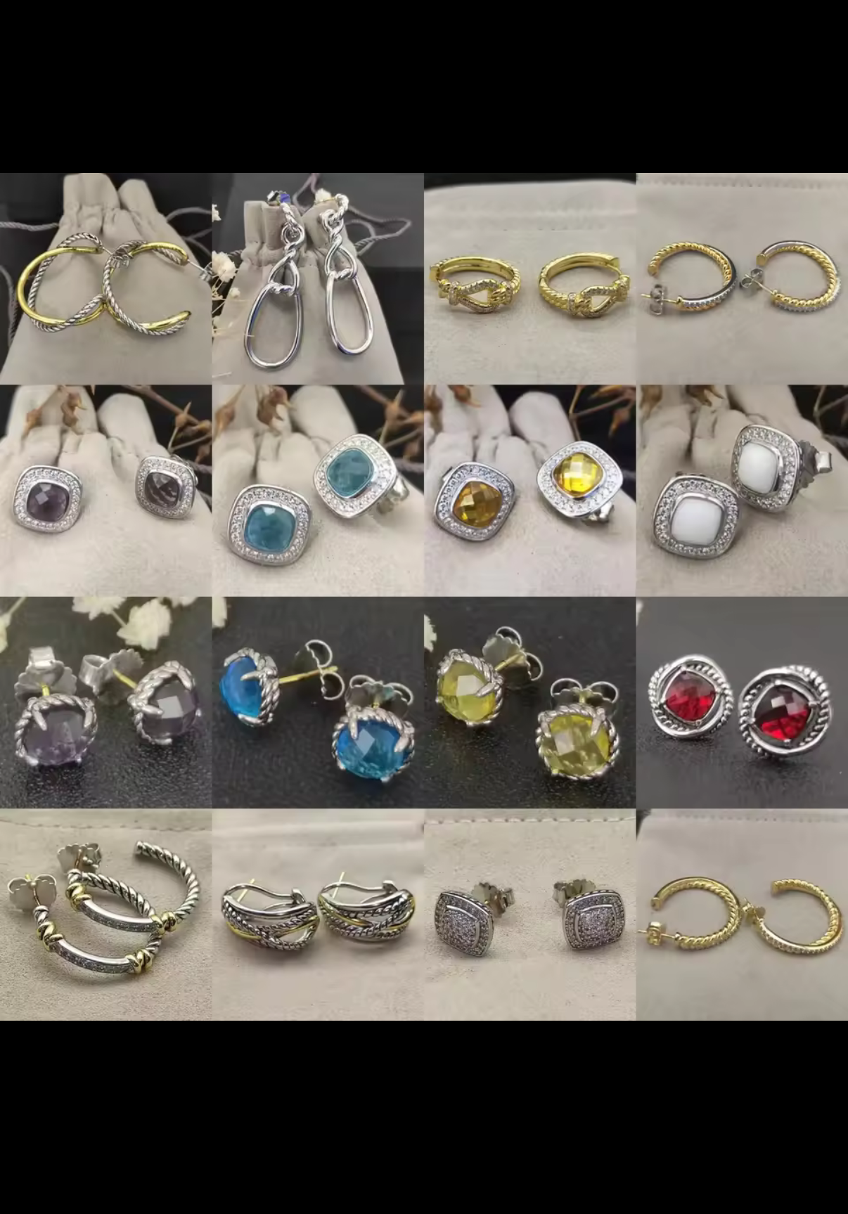 Square Sterling Silver gem stone earrings & rings with rhinestones and twisted cable style bands