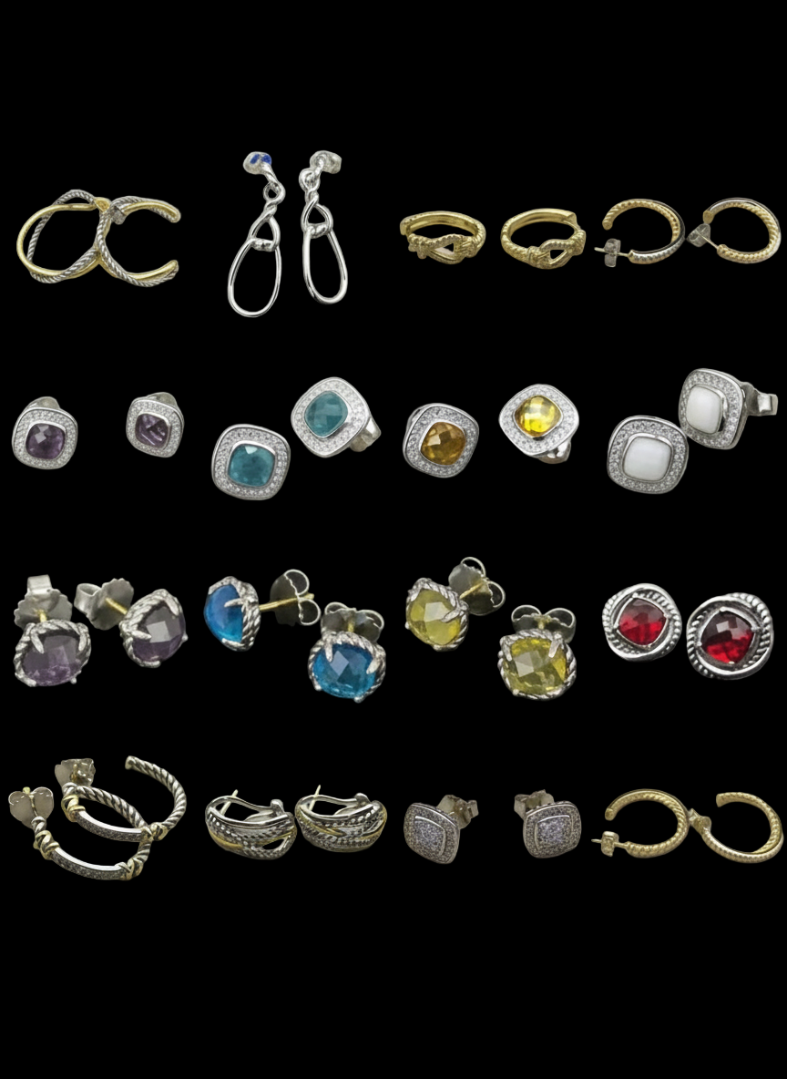 Square Sterling Silver gem stone earrings & rings with rhinestones and twisted cable style bands