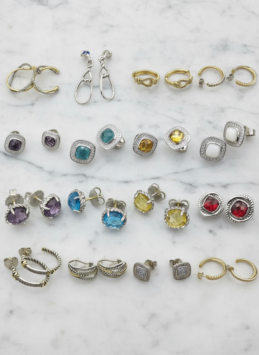 Square Sterling Silver gem stone earrings & rings with rhinestones and twisted cable style bands