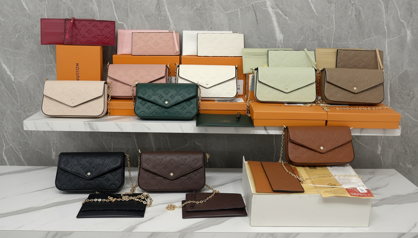 Small leather LV pouchette bag with chain and