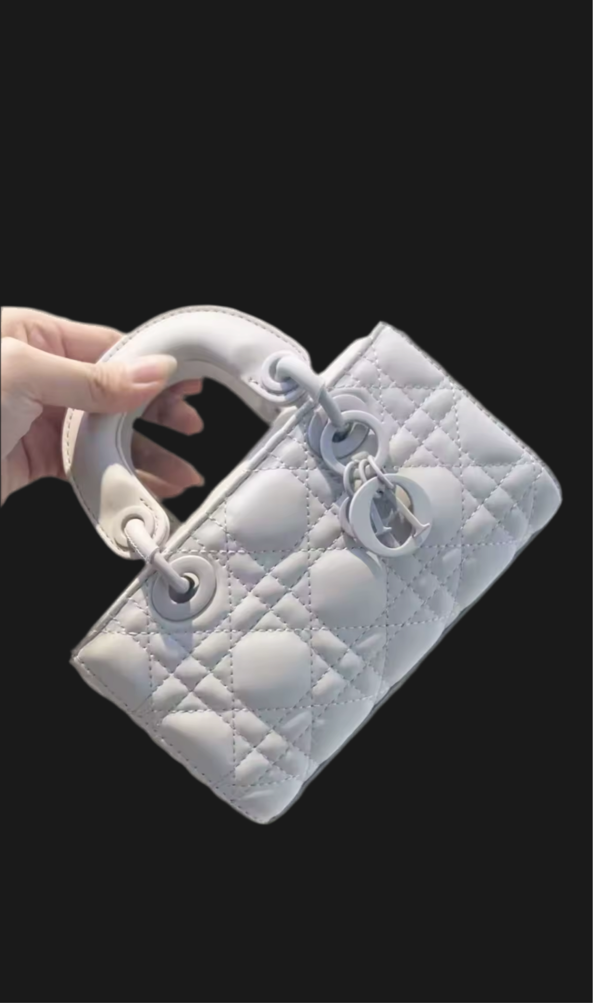 crisp matte white small rectangular, quilted diamond stitched tote with double handles and keychain.    HQ 