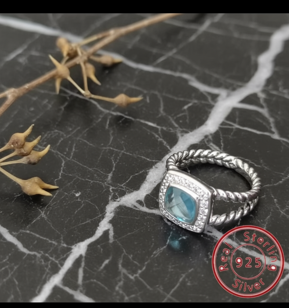 Square Sterling Silver gem stone earrings & rings with rhinestones and twisted cable style bands