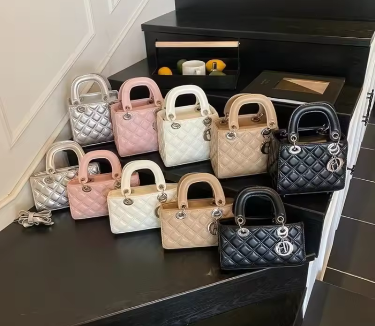 Small (basic quality) quilted diamond stitched totes, with short double handles and logo keychain 