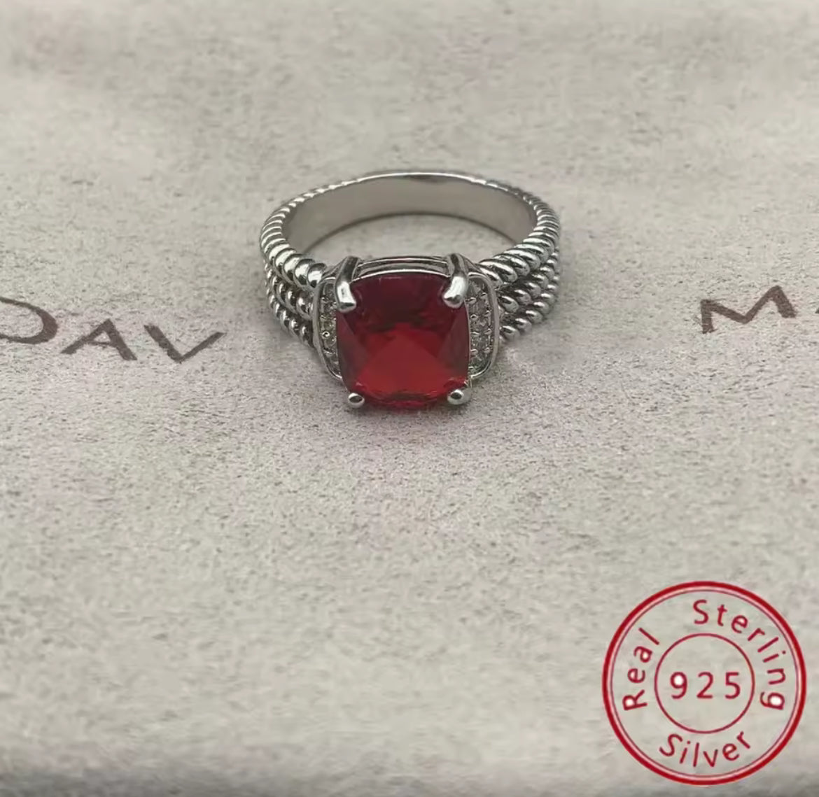 Square Sterling Silver gem stone earrings & rings with rhinestones and twisted cable style bands