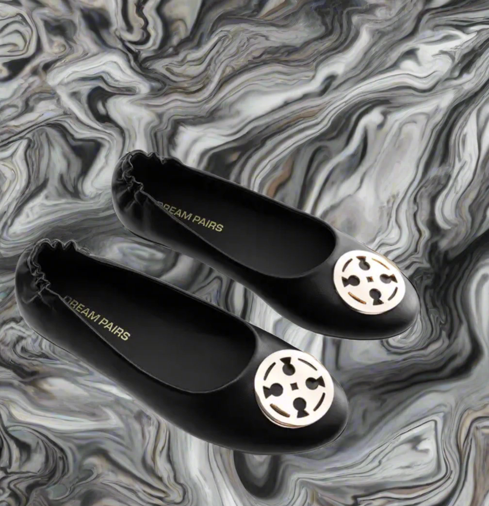 Vegan Leather Flats with metal T logo