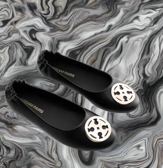 Vegan Leather Flats with metal T logo