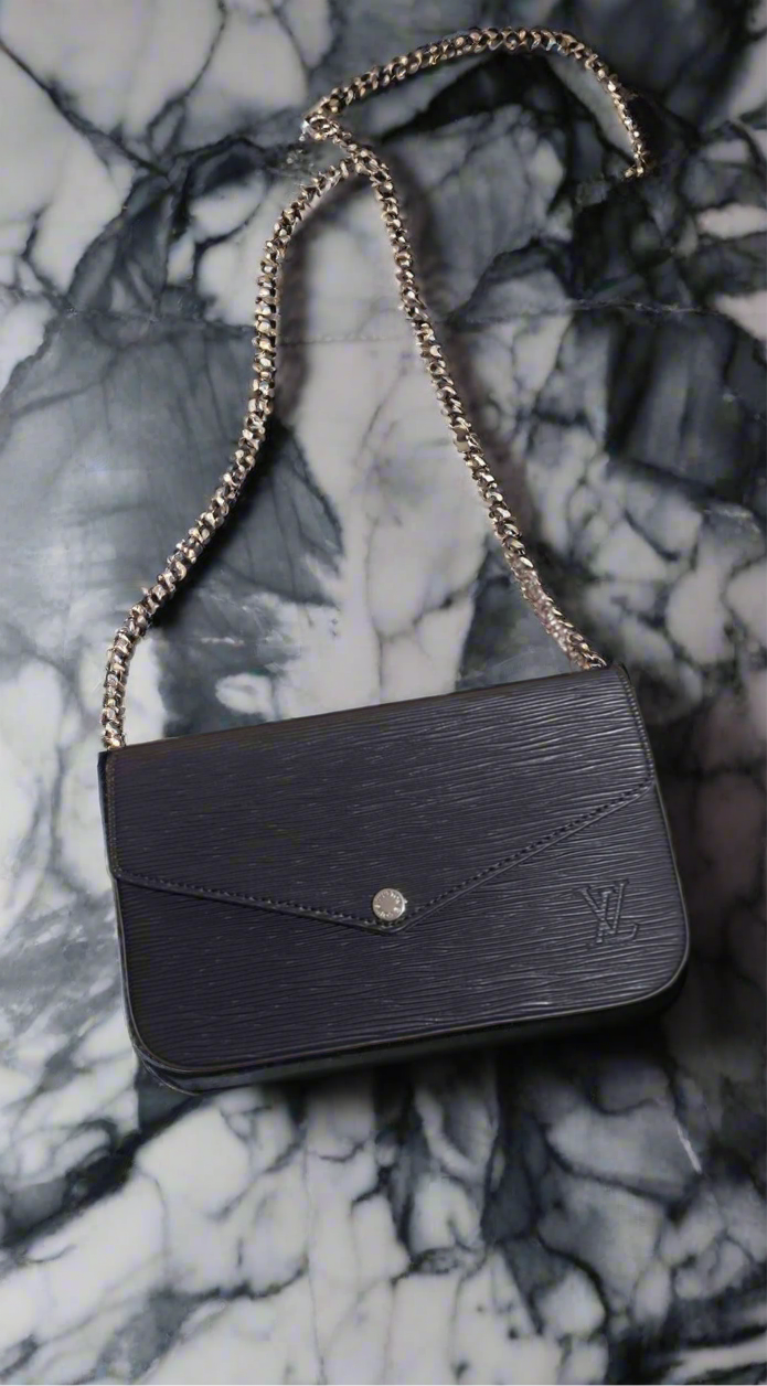 Small leather LV pouchette bag with chain and