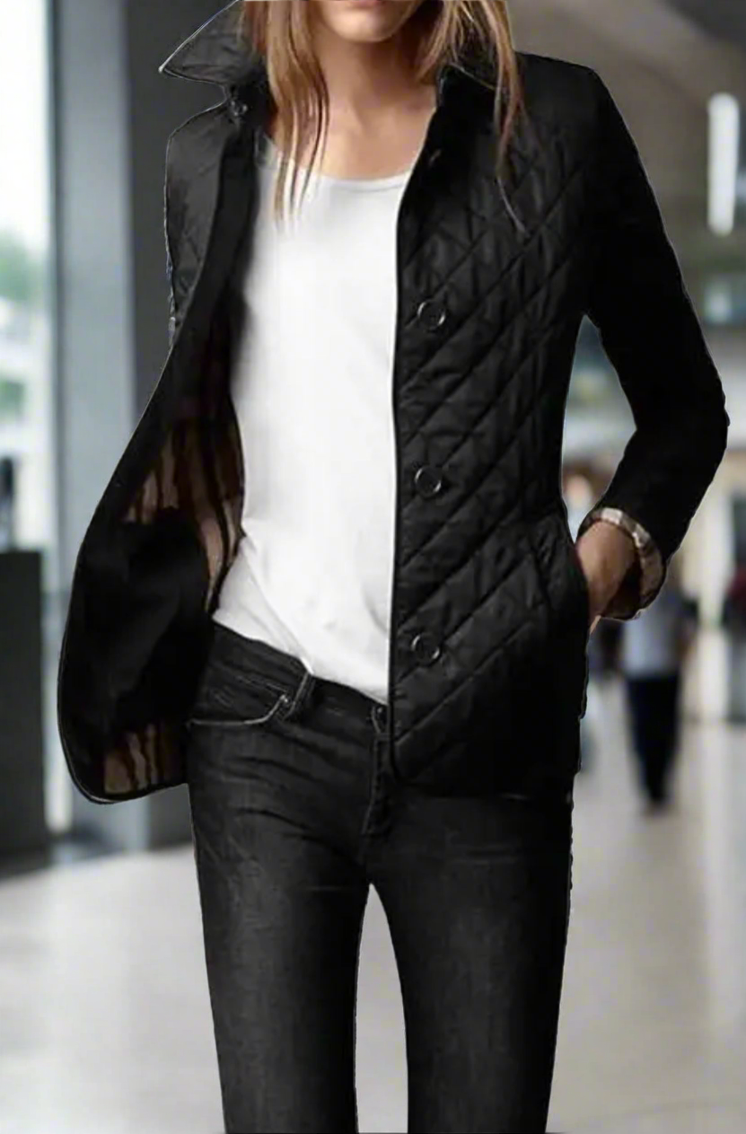 NEW!!!    Light weight black quilted jacket with beige plaid Lining (on sale!)