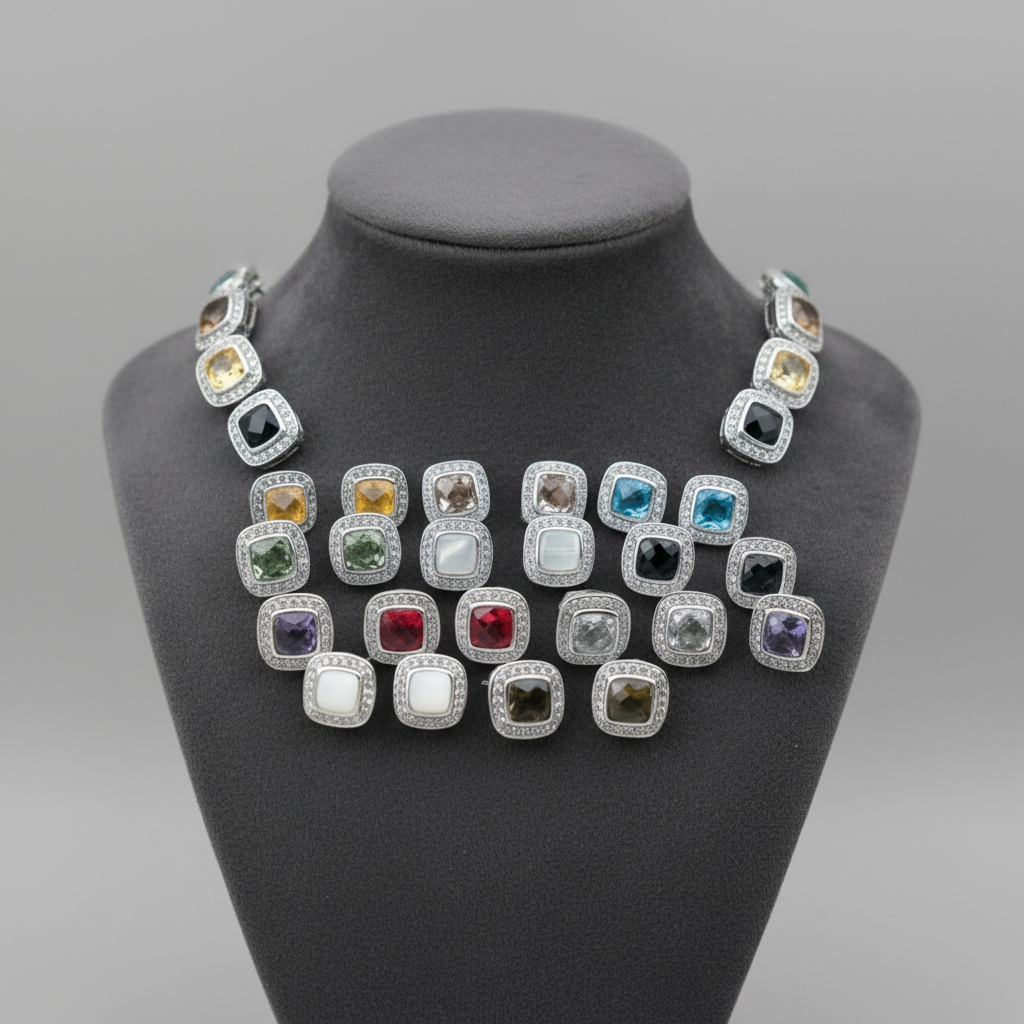 Square Sterling Silver gem stone earrings & rings with rhinestones and twisted cable style bands